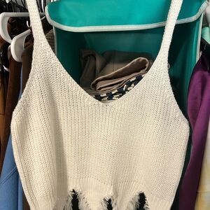 White Knit Fringe Tank Top